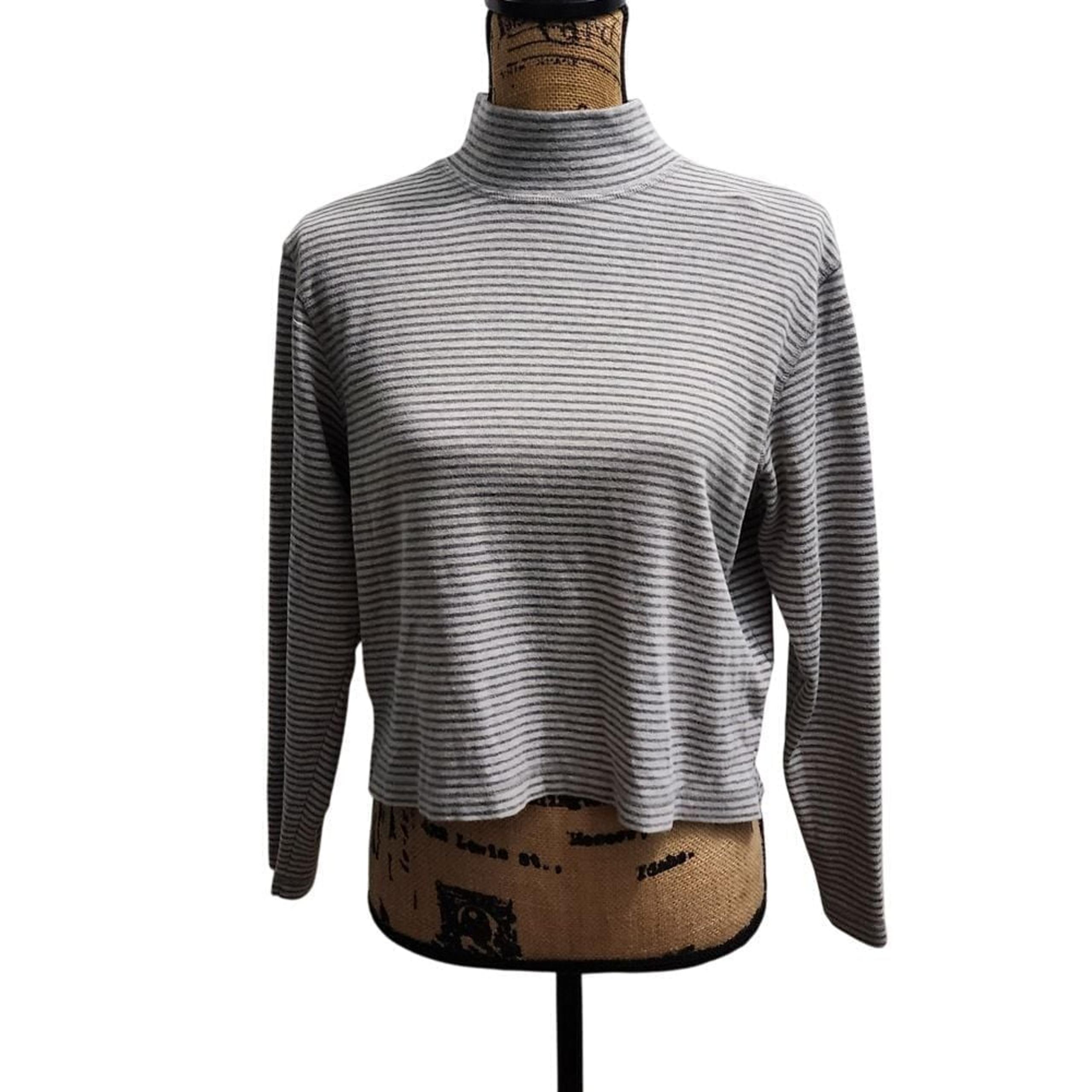 Liz Claiborne Striped Turtleneck Long Sleeve Top Casual Basic Gray White Size S