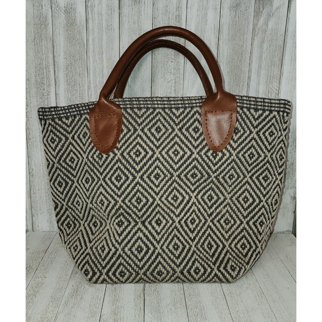 Annie Selke's Fresh American Leather Handle Woven Tote Handbag Purse Blue White