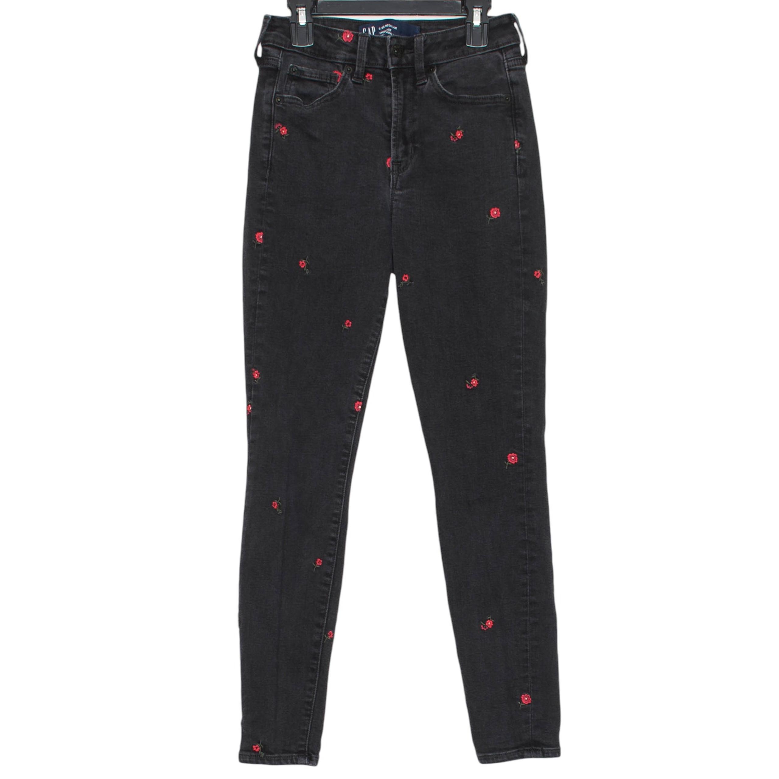 GAP Jeans High Rise Universal Legging Y2K Grunge Embroidered Floral Black 2/26