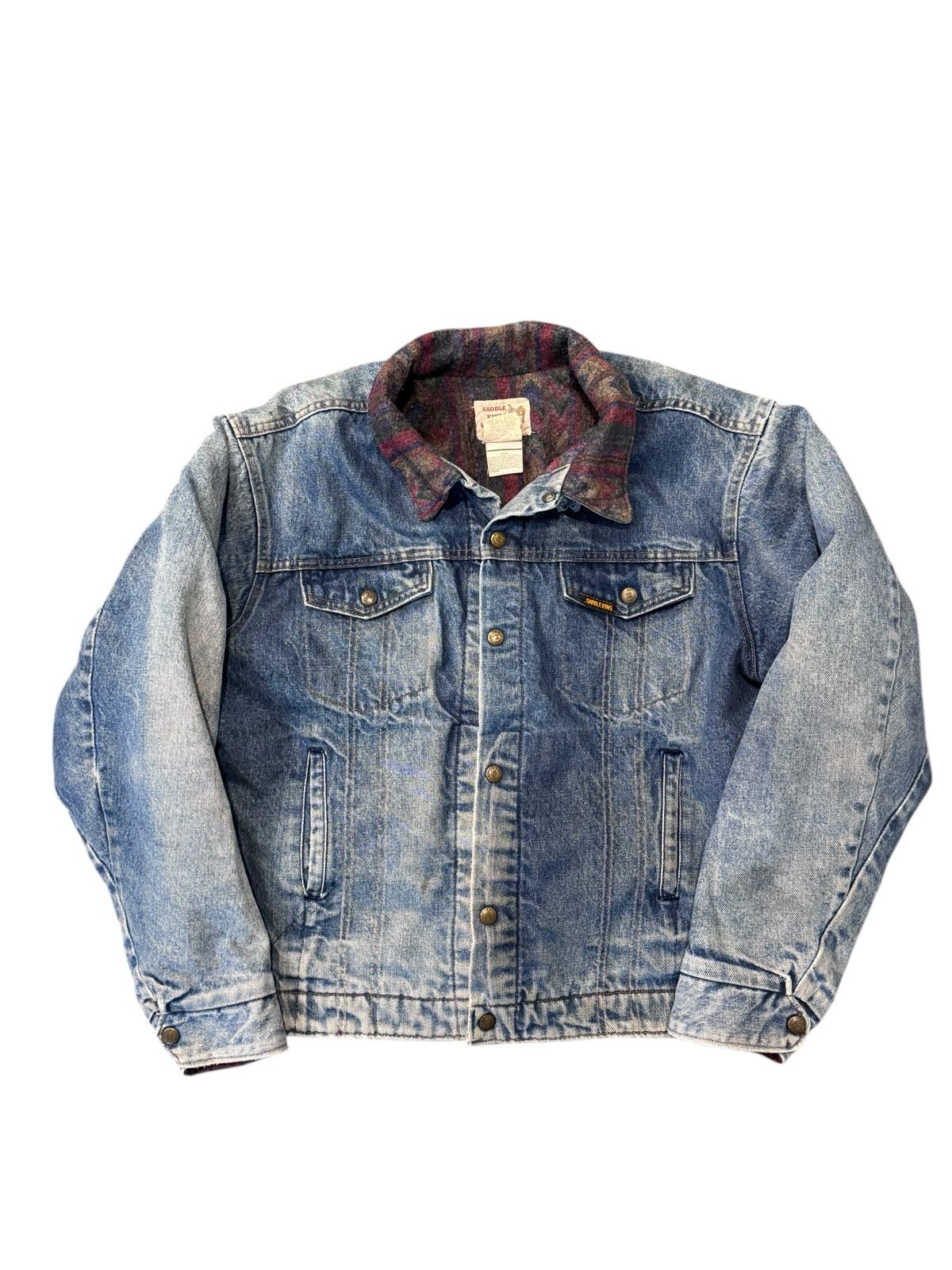 Vintage 90s Saddle King Western Aztec Blanketed Denim Jean Jacket Sz L Reg