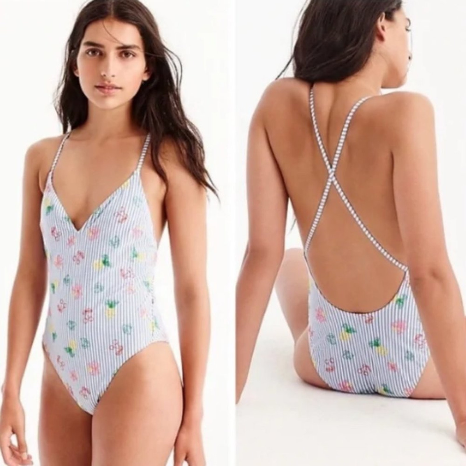 NWT J. Crew Seersucker V Neck One Piece Swimsuit with Embroidered Fruit Size 6