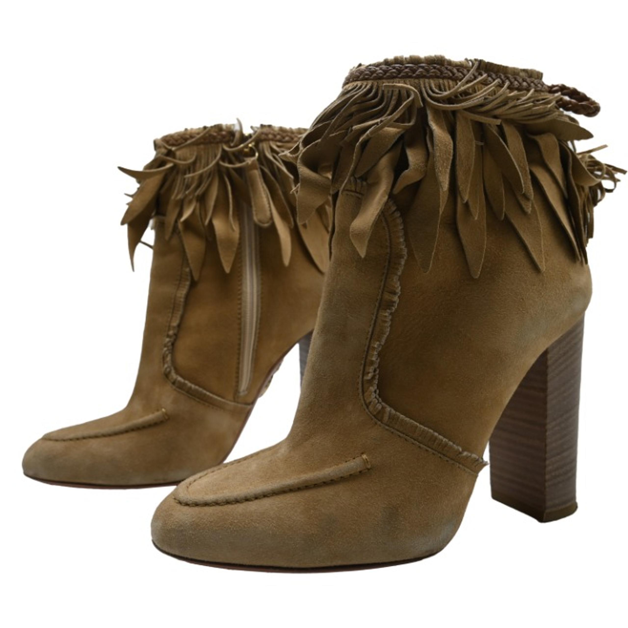 AQUAZZURA Women's Tan Tiger Lilly Suede Fringe Boots