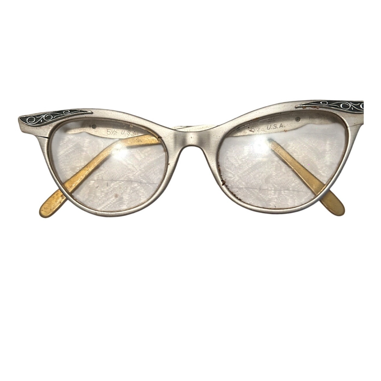 Vintage Liberty USA Cat Eye Metal Frame Glasses Bifocals Silver Ornate
