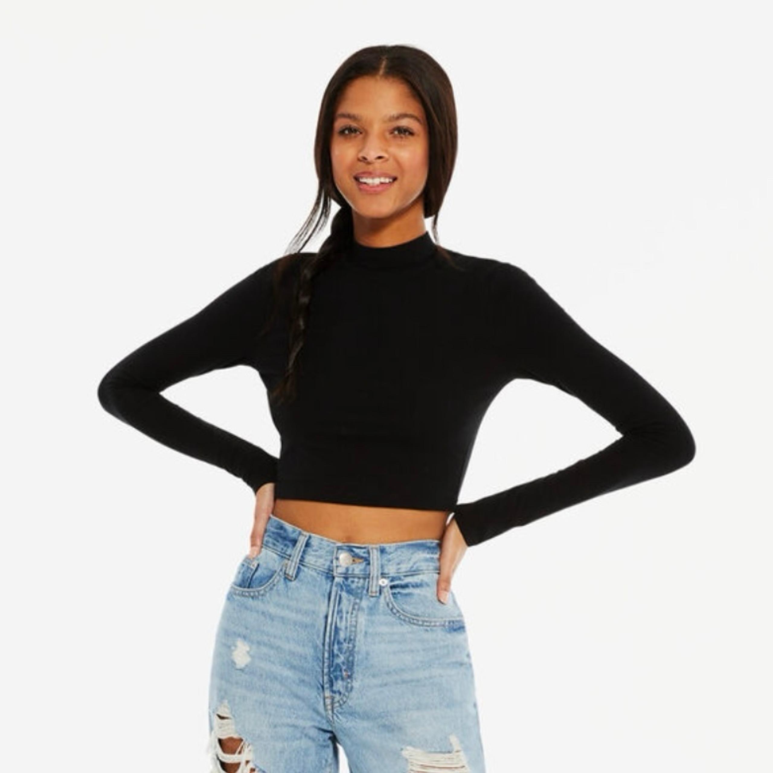 Aero Seriously Soft Long Sleeve Mock Neck Shirt Crop Semi Sheer Top Black XS