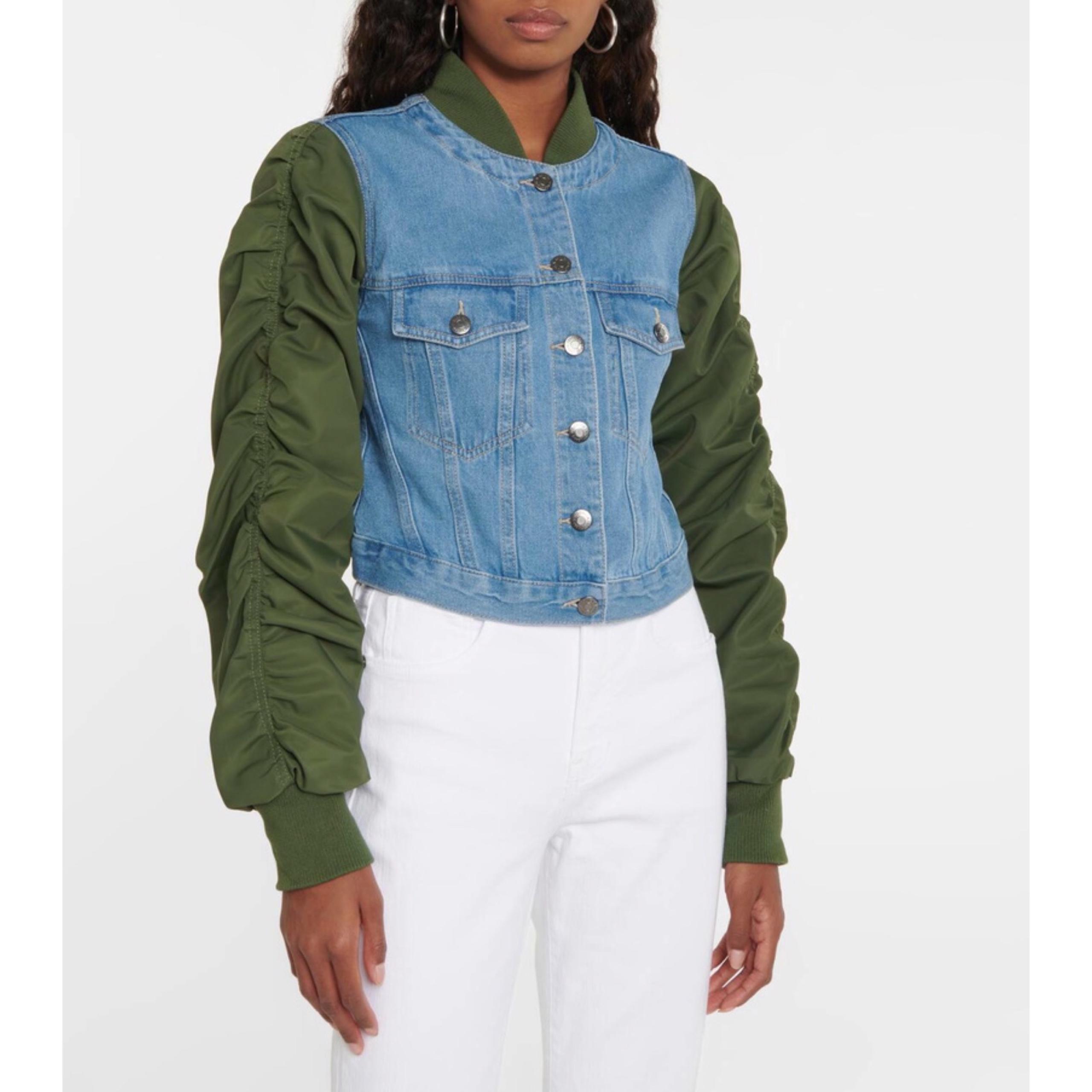 $498 NWOT Veronica Beard Emelia Denim Paneled Ruched Sleeves Bomber Jacket sz S