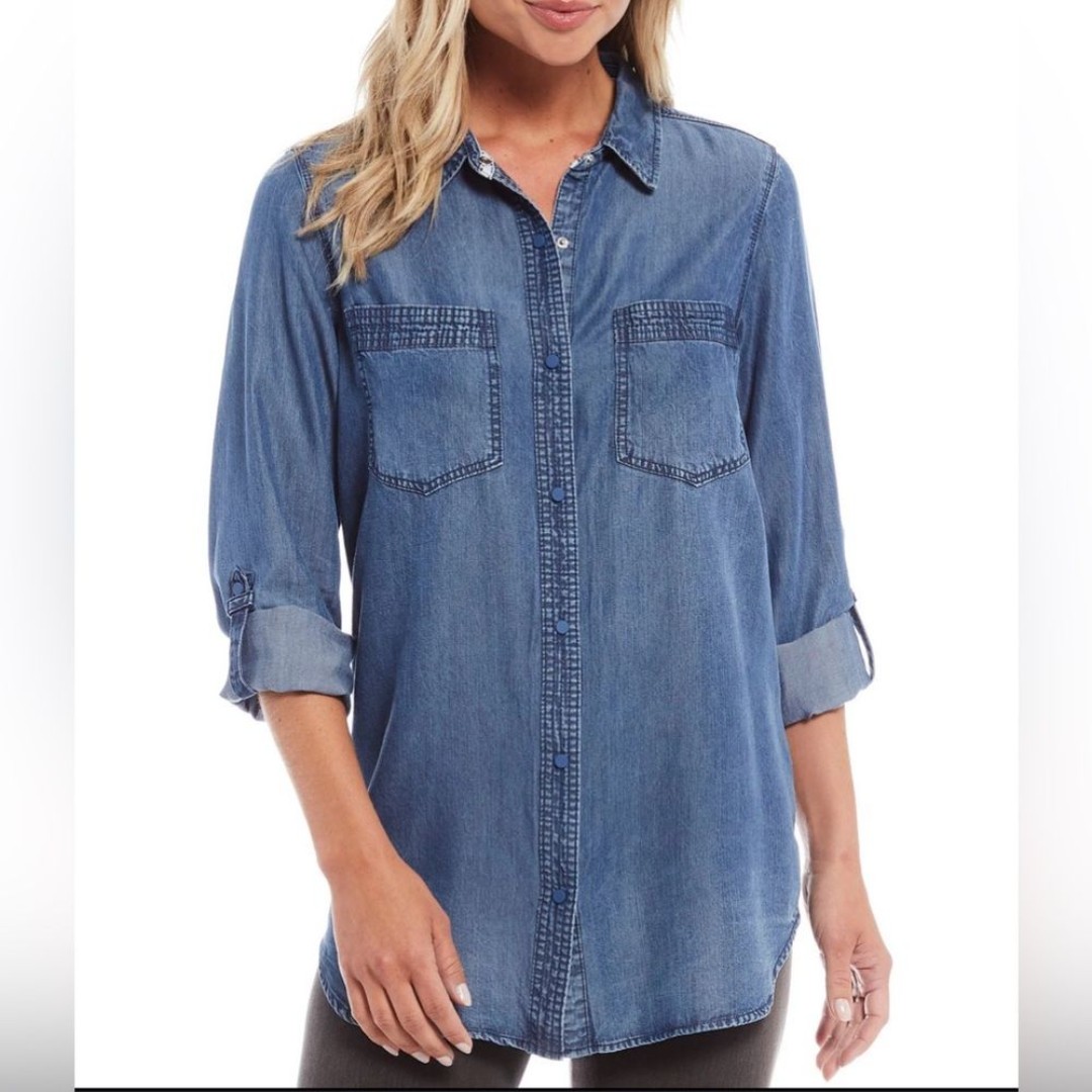 Intro. Denim Long Roll Tab Sleeve Oversized Boxy Button Front Lyocell Shirt