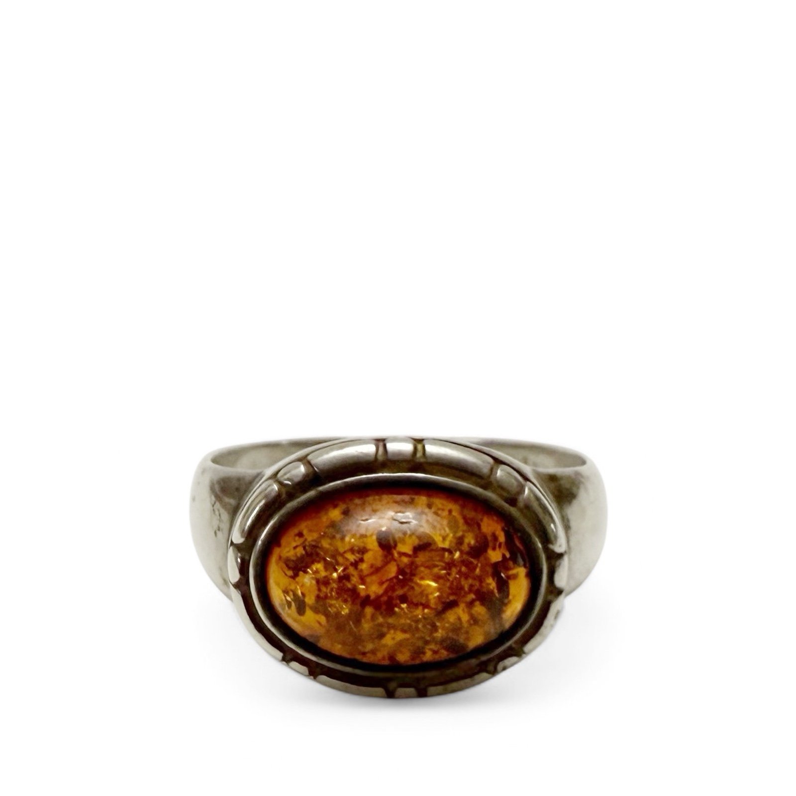 Vintage Modernist Oval Baltic Amber Sterling Silver Ring Size 10