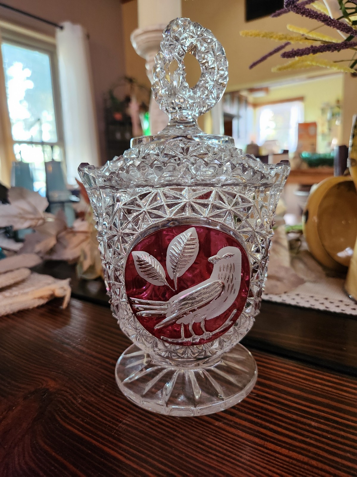 HOFBAUER BYRDES GERMAN LEAD CRYSTAL RUBY RED AMARIS BIRDS COVERED DISH 9