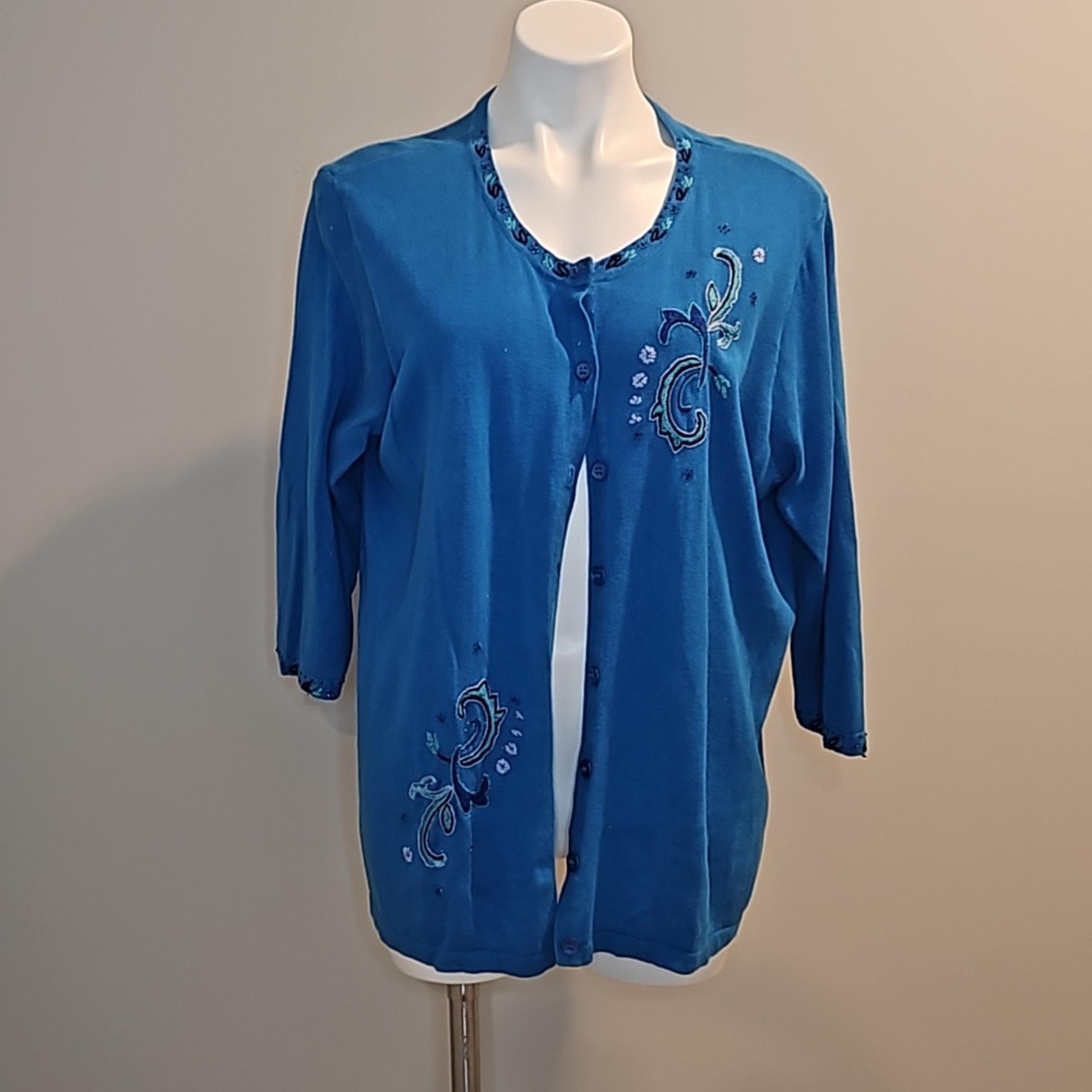 Susan Graver Plus Blue Embroidered Embellished Cardigan Sweater