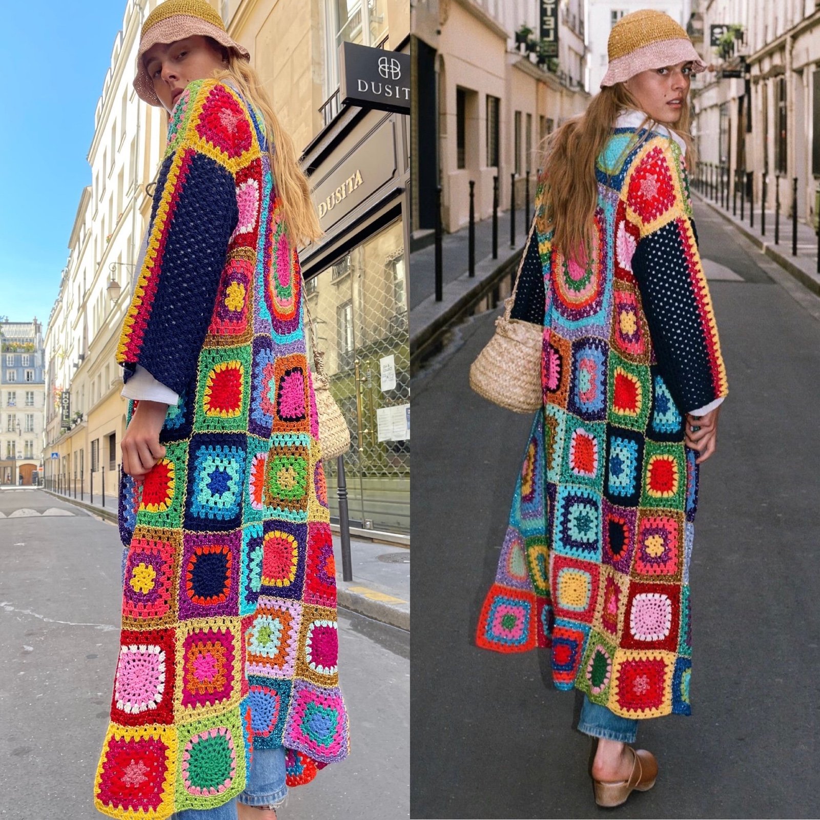 ROSE CARMINE Multicolor Patchwork Lurex Square Knit Long Coat Sz L