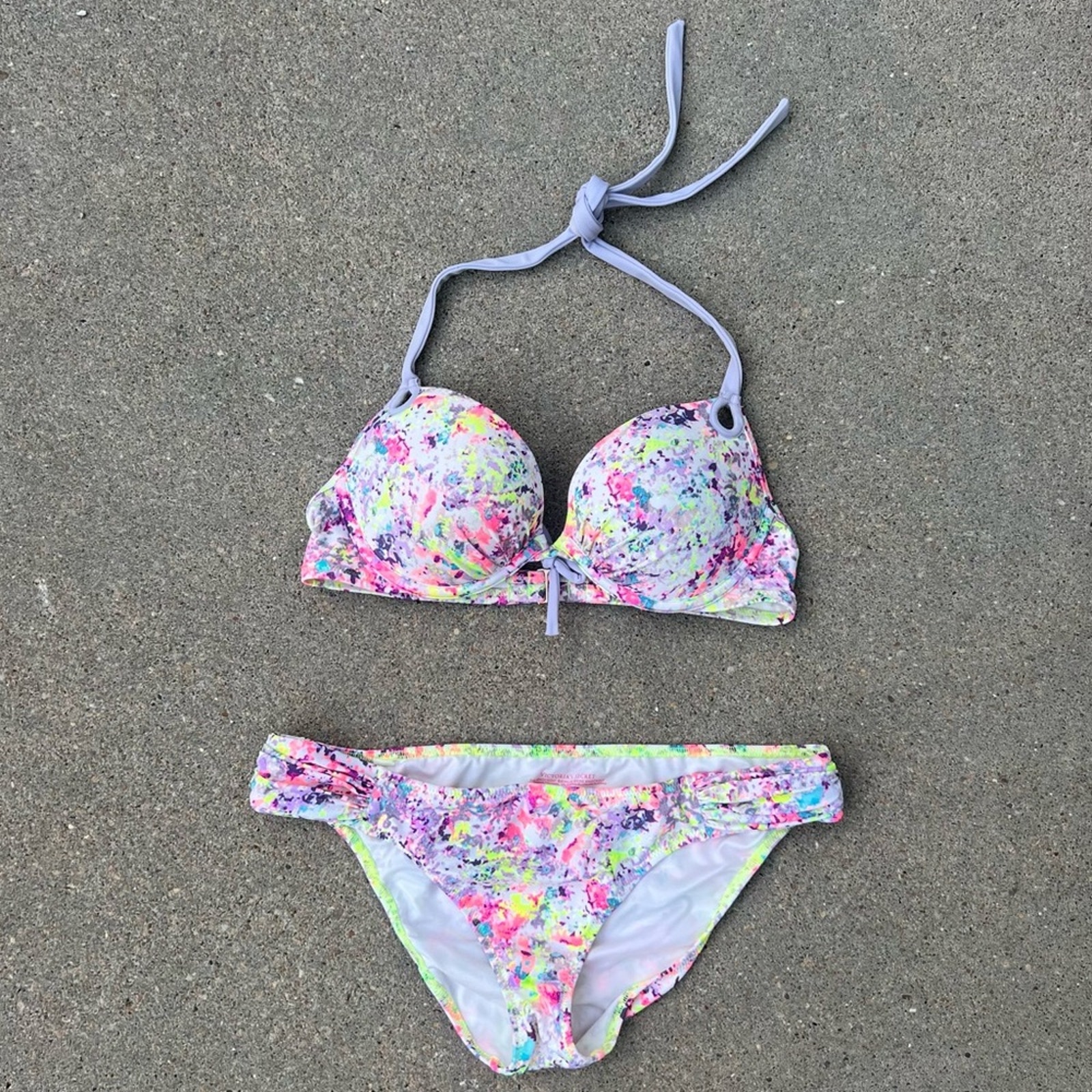 Victoria’s Secret 34C/M The Gorgeous Push-up Knockout Bikini Neon Splatter Foil