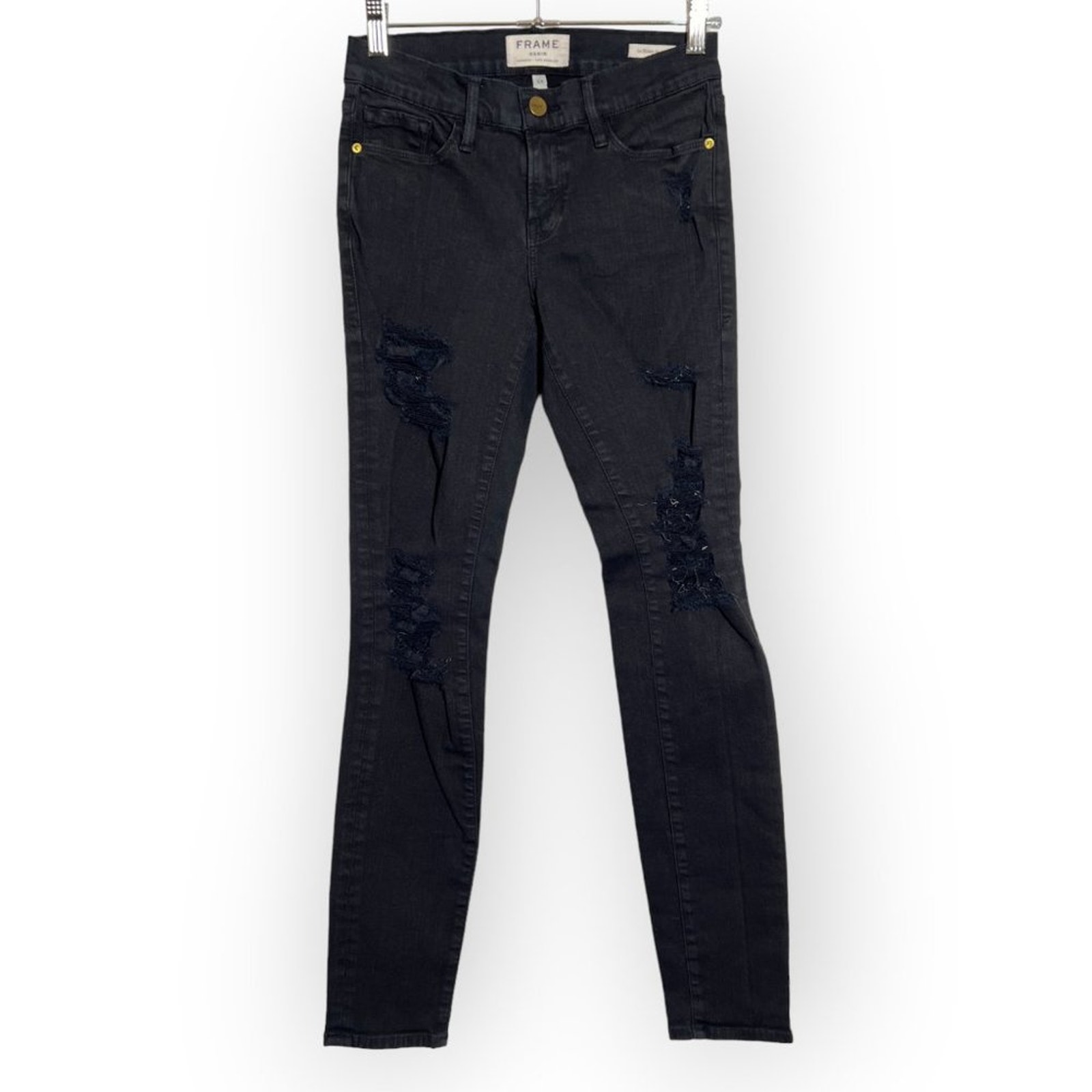 Frame Le Skinny de Jeanne Distressed Stretch Jeans SIZE 25 Black Film Noir US