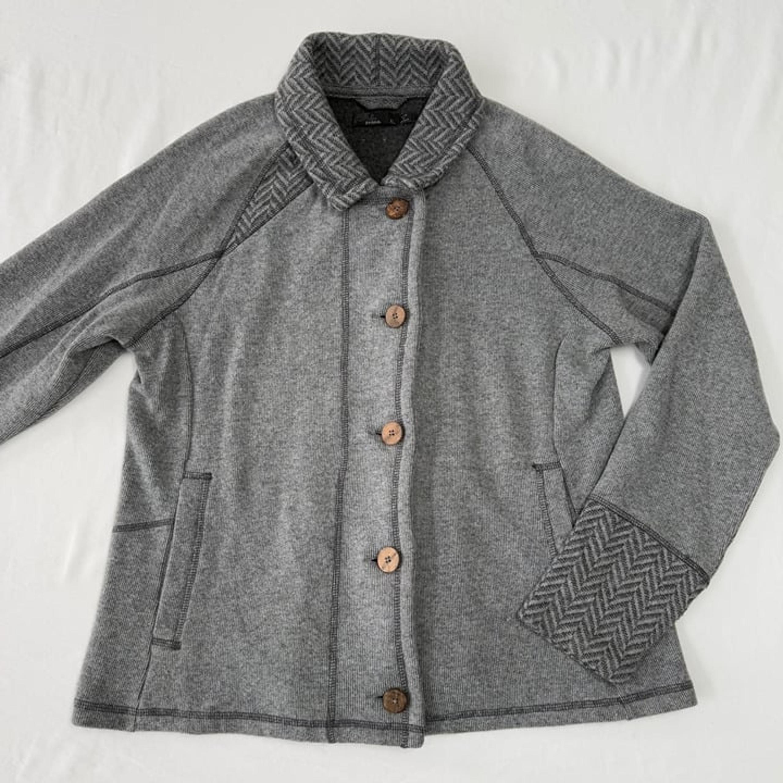 Prana Button-Up Cardigan Sweater Womens XL Gray Wool Blend Pockets Thick Warm