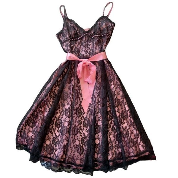 BETSEY JOHNSON Black/Pink Vintage 1990s Y2K Goth Lingerie Lace Dress Size 10