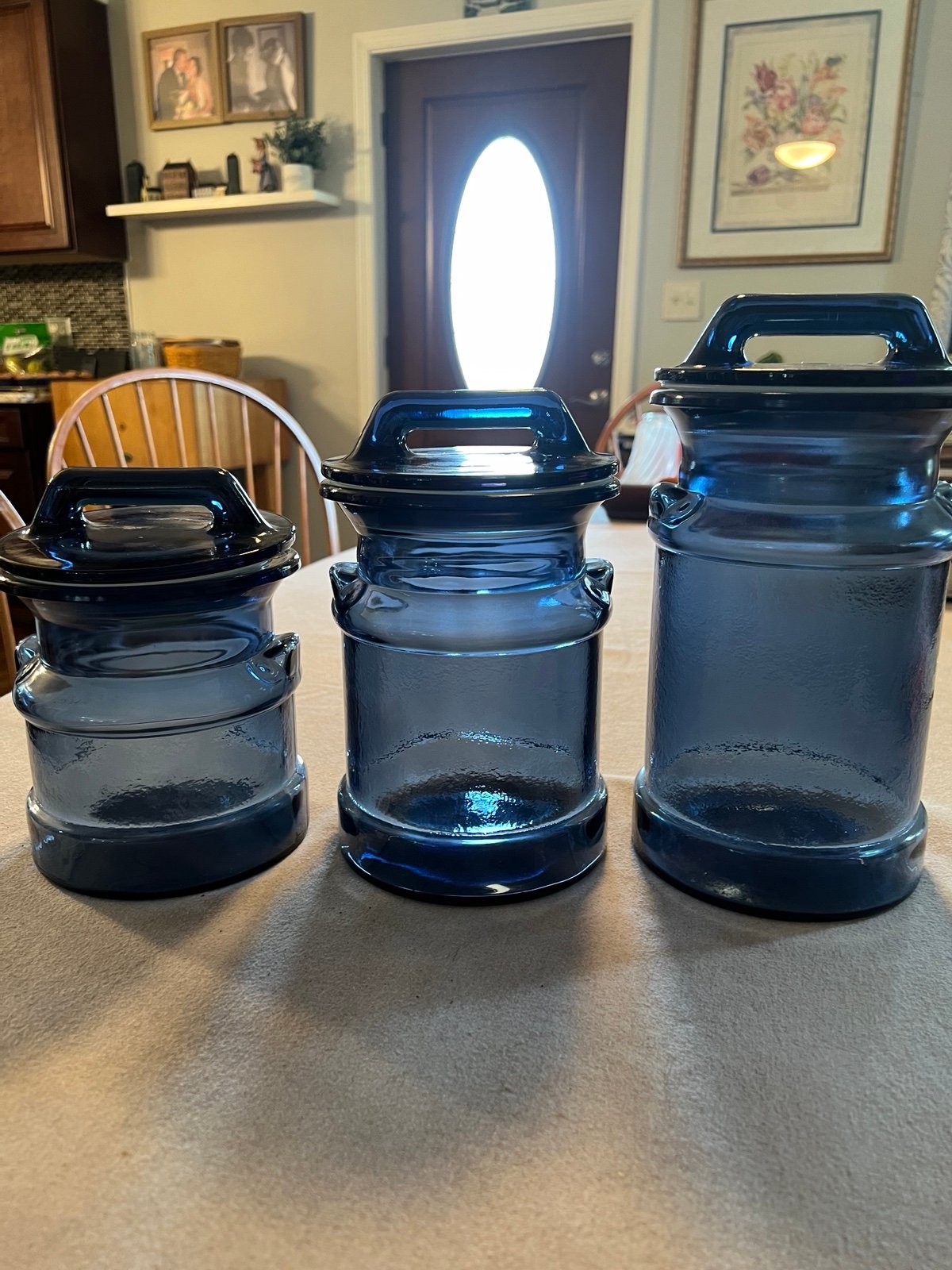 Vintage LE Smith cobalt blue glass milk can canister set