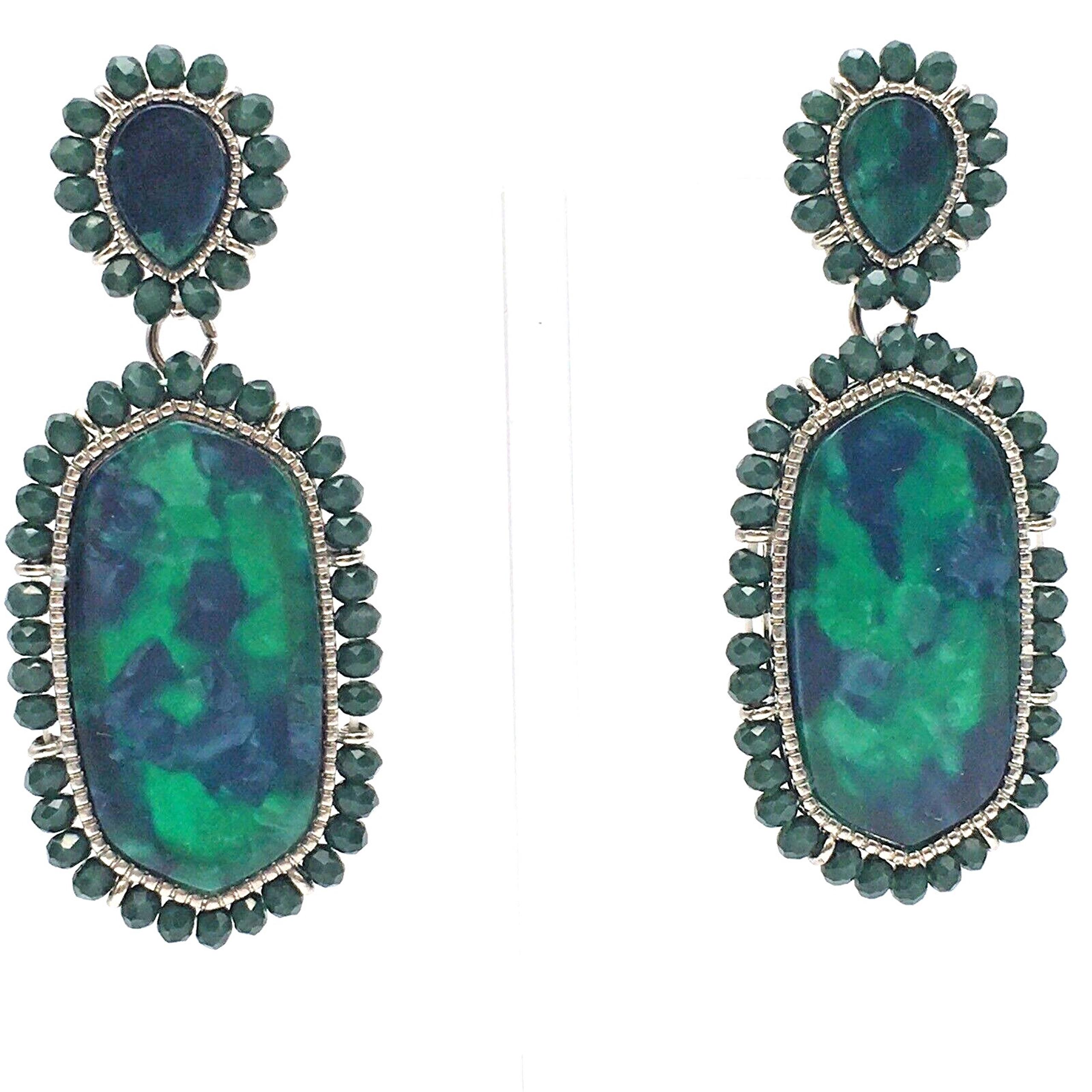Noir Green Black Faux Stone Statement Dangle Earrings Bead Trimmed