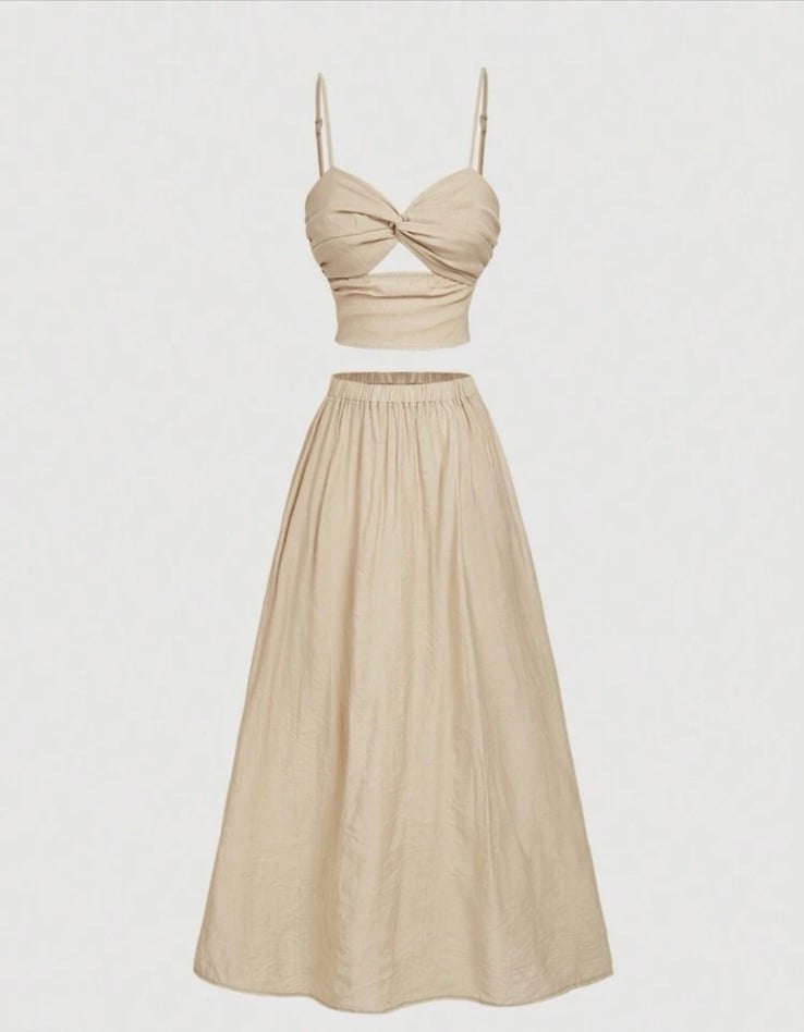 2 Pieces Vacation Outfit Flowing Strappy Bow & Ruffle maxi Skirt