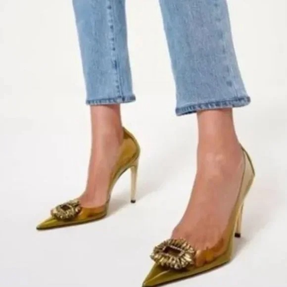 NWT Good American Olive/Gold CINDER-F*CKING-RELLA PUMP Size 13