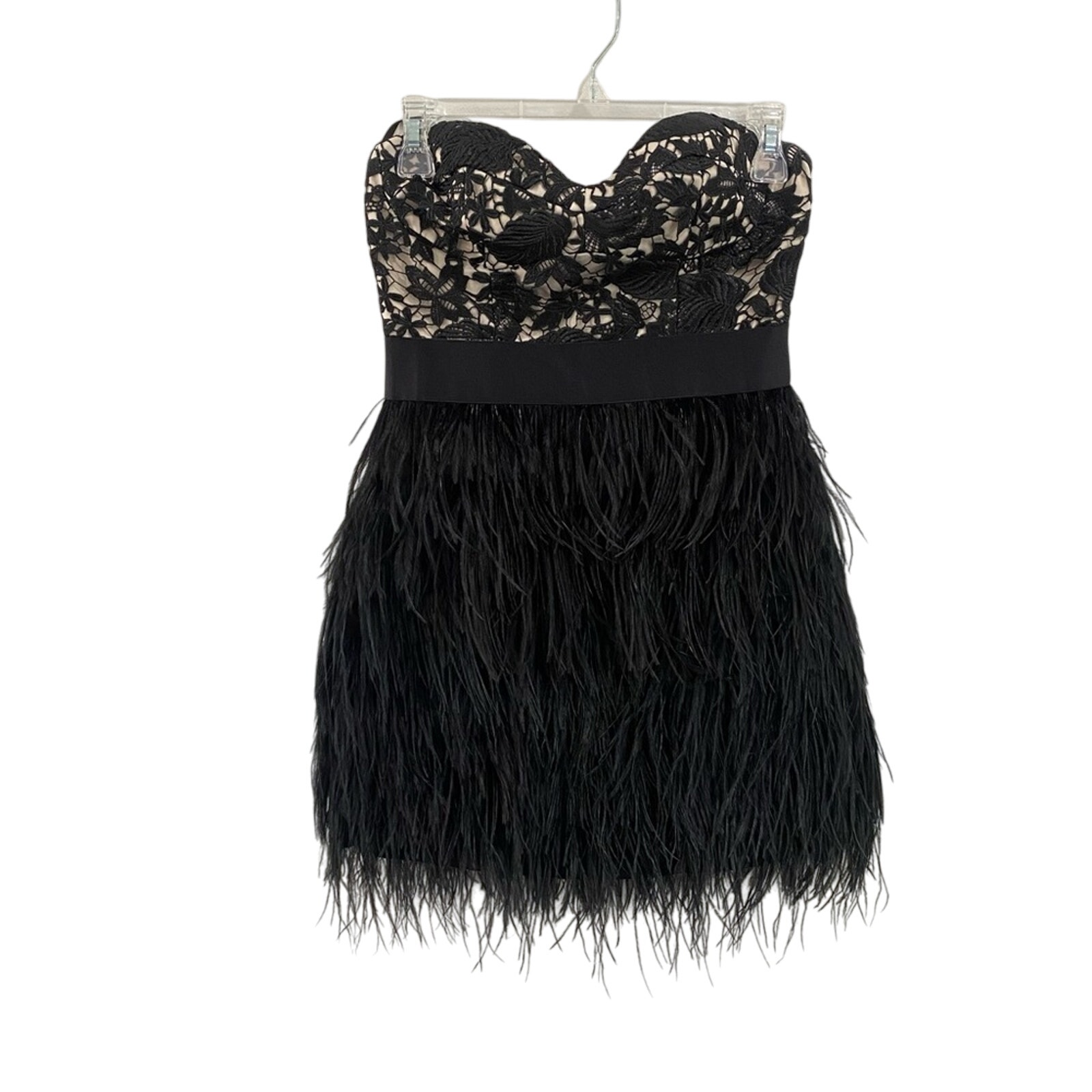 Bebe Isis Lace Feather Strapless Bustier Cocktail Black Mini Dress