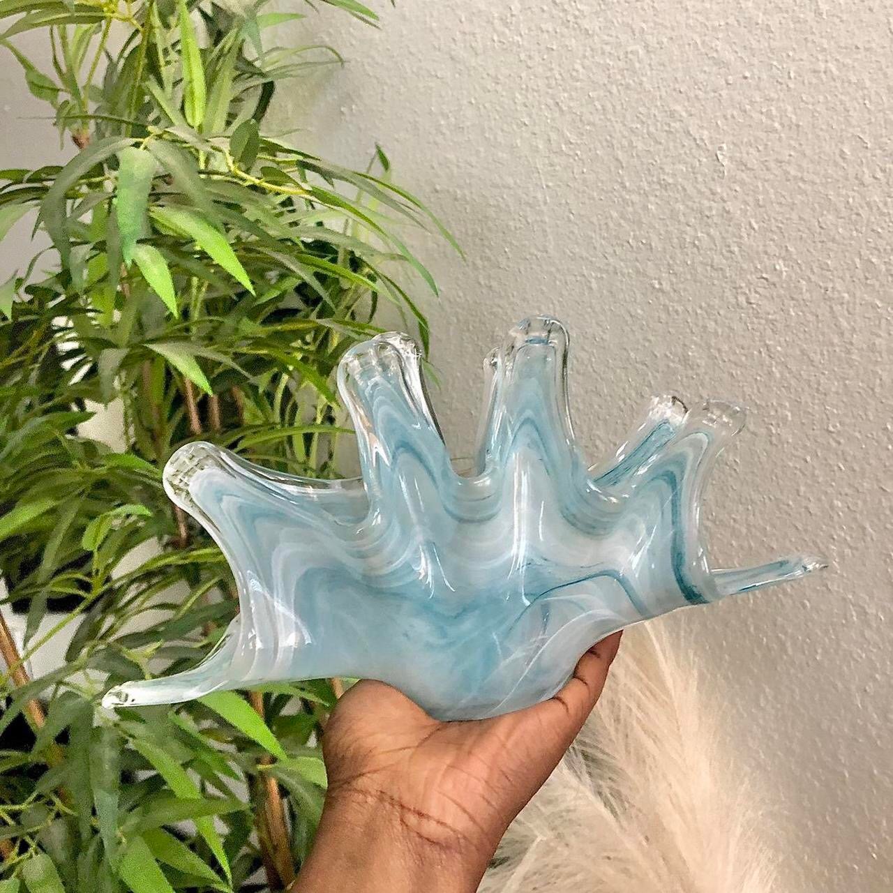 MURANO Swung Vase Blue glass sea shell bowl MCM Art Deco Home decor 12”Wx5.5”T