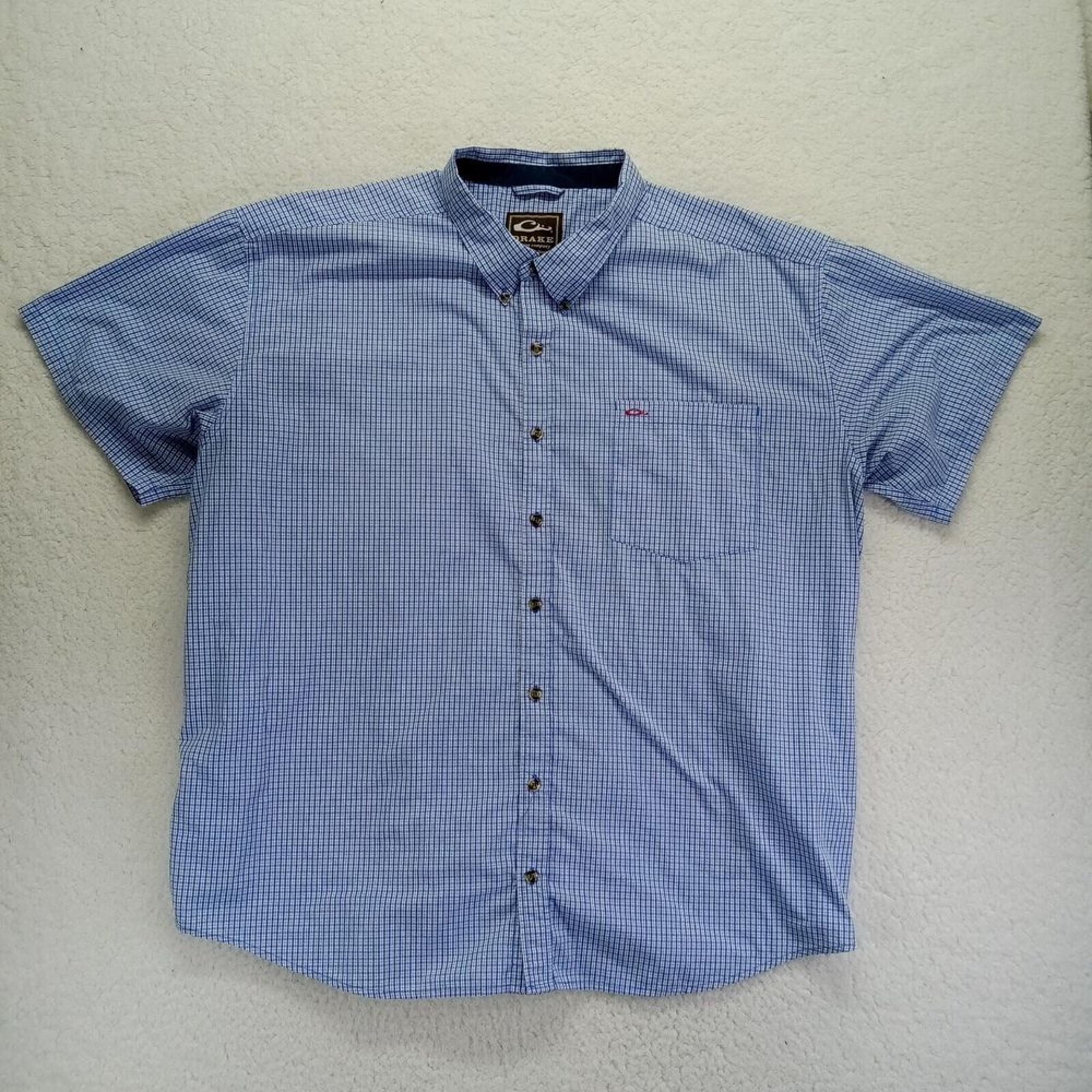 Drake Shirt Mens 3XL Short Sleeve Gingham Check Button Down Blue Cotton Blend