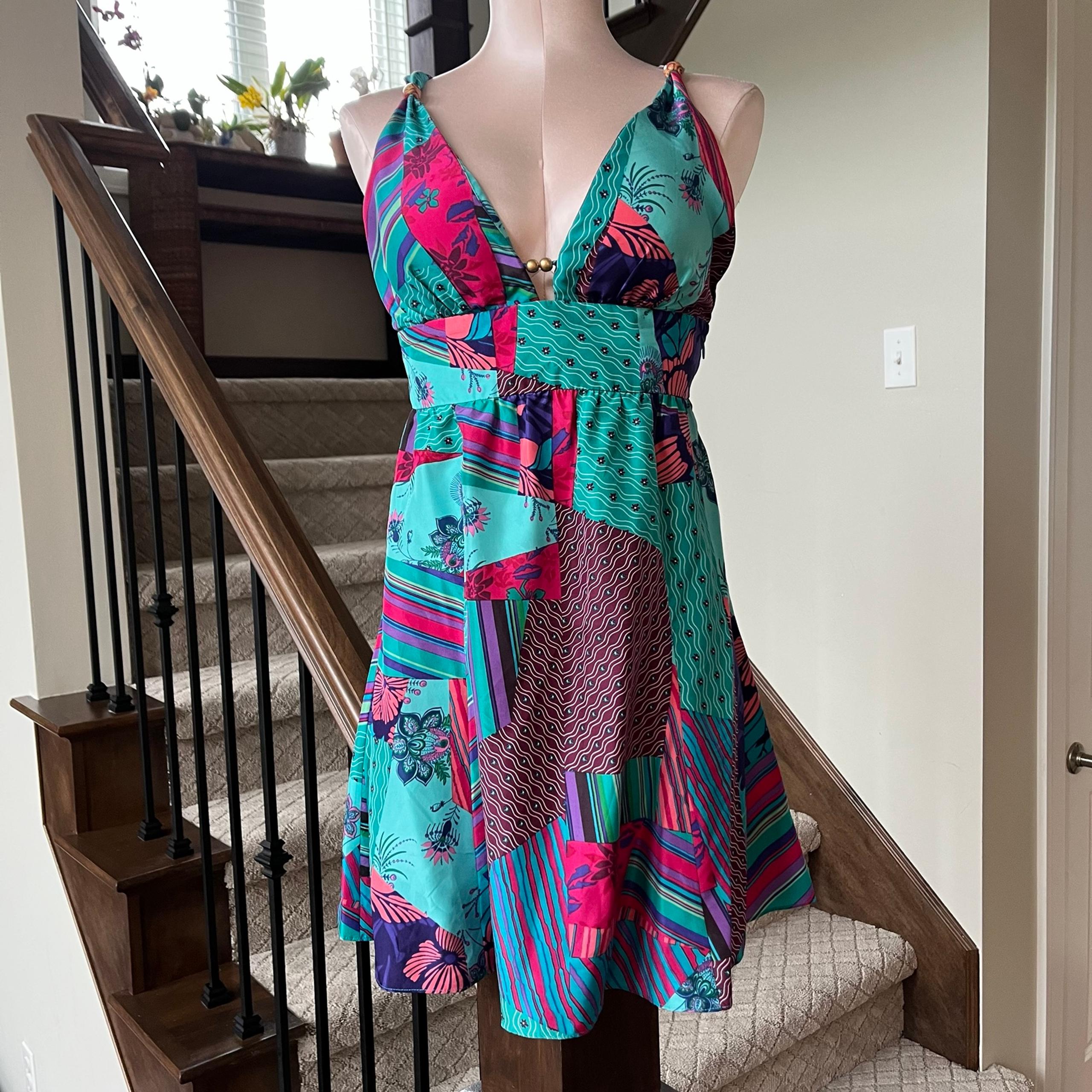 Vintage y2k Guess 100% silk colorful deep cut mini dress