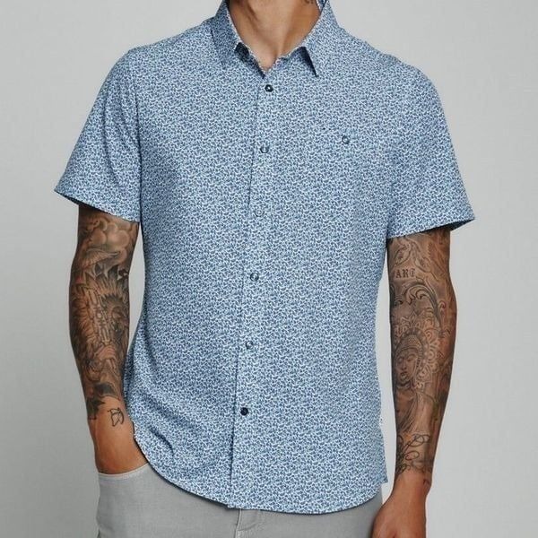 7Diamonds Blue Floral Shirt Short Sleeve Mens Size Medium