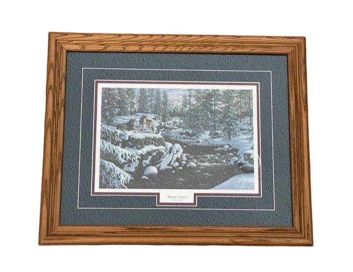 WINTER'S GLORY Oak Frame 16.5 x x 20.5 Wildlife Wolf Art Print Kim Norlien