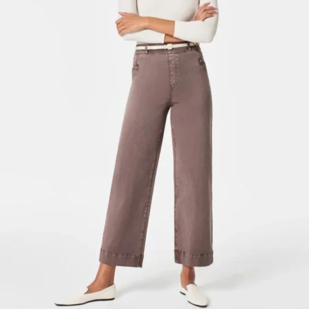 Spanx Wide Stretch Twill Cropped Wide Leg Pant - Smoke L