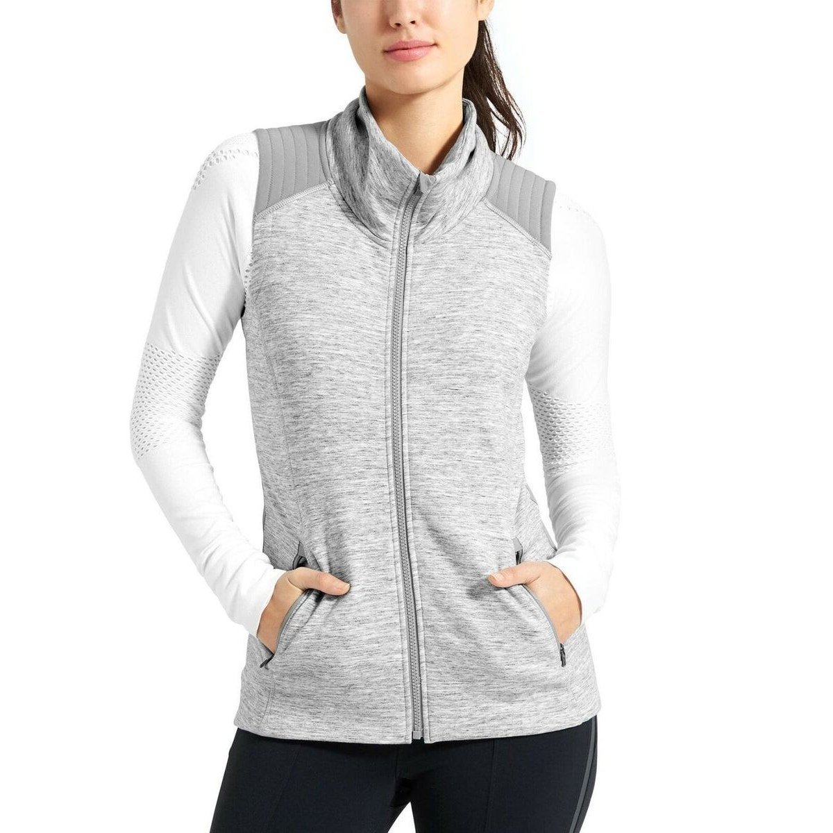 Athleta Stronger Workout Vest Sz M Heather Gray Knit Full Zip Sleeveless Jacket