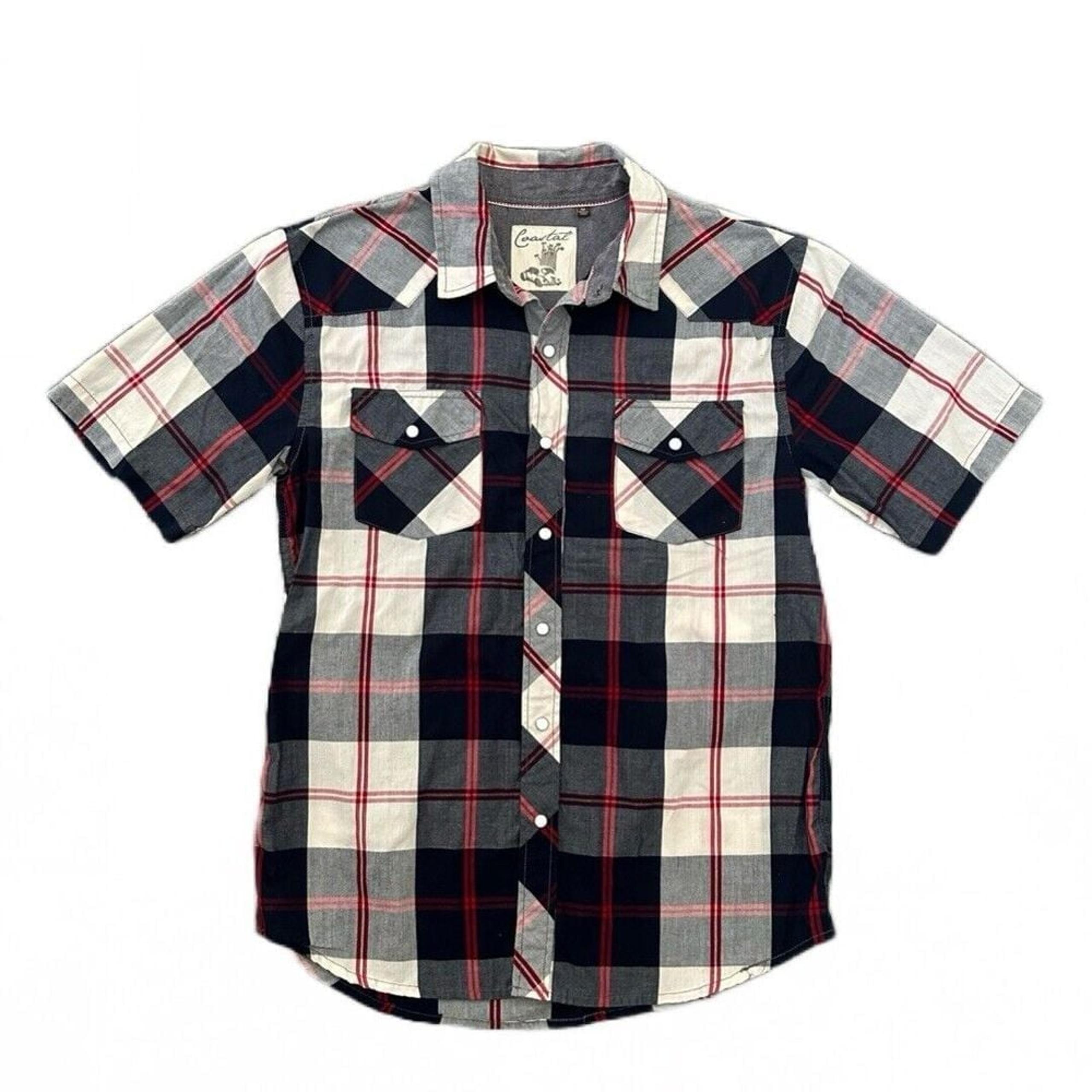 Coastal Mens Western Short Sleeve Shirt M Blue Plaid Pearl Snap Buttons Pockets