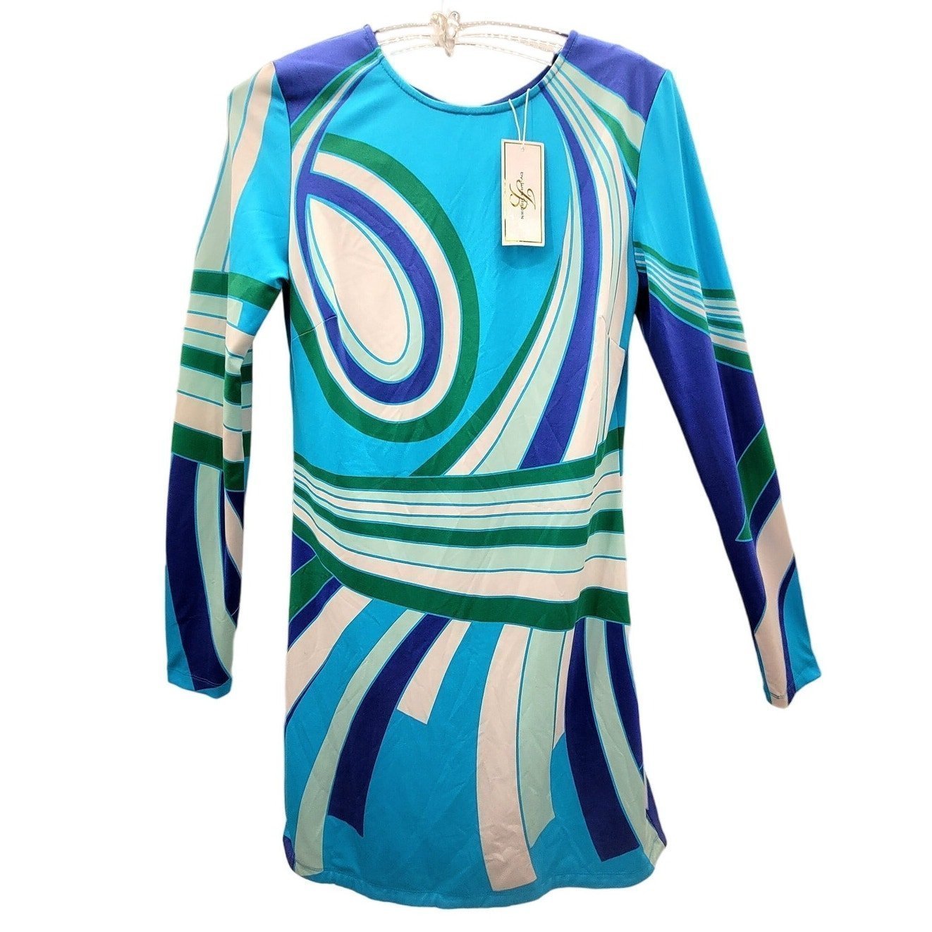 Julie Brown Blue White Abstract Long Sleeve Stretchy Shift Dress 90s does 60s