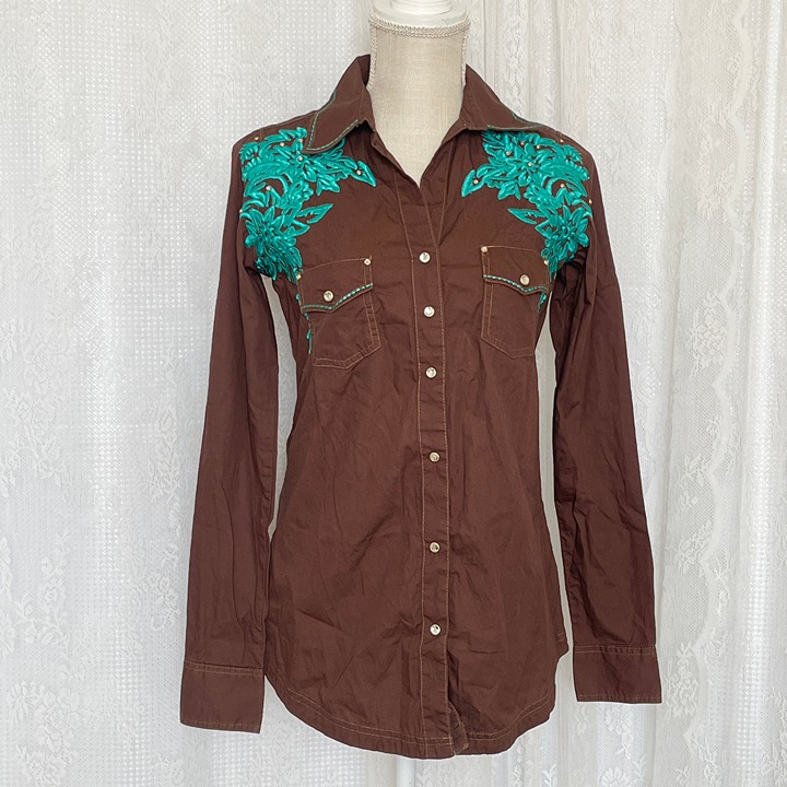 Rock 47 Wrangler Women's Shirt Small Brown Long Sleeve Button Bling Embroidered