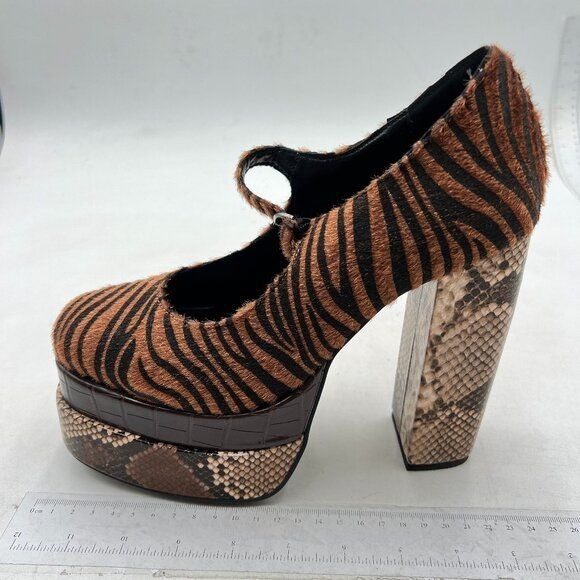 Women Platform Chunky High Heel Mary Jane Pumps Snakeskin Round Closed Toe Brown