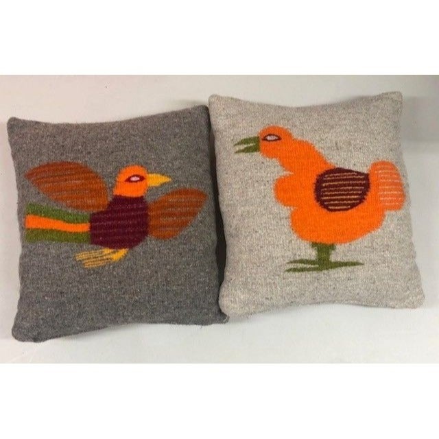 2 Vintage Woven Wool Bird Pillows with Velvet Backs
