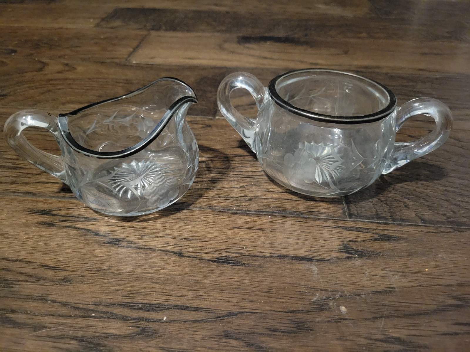 Vintage etched glass cream & sugar, sterling silver rim