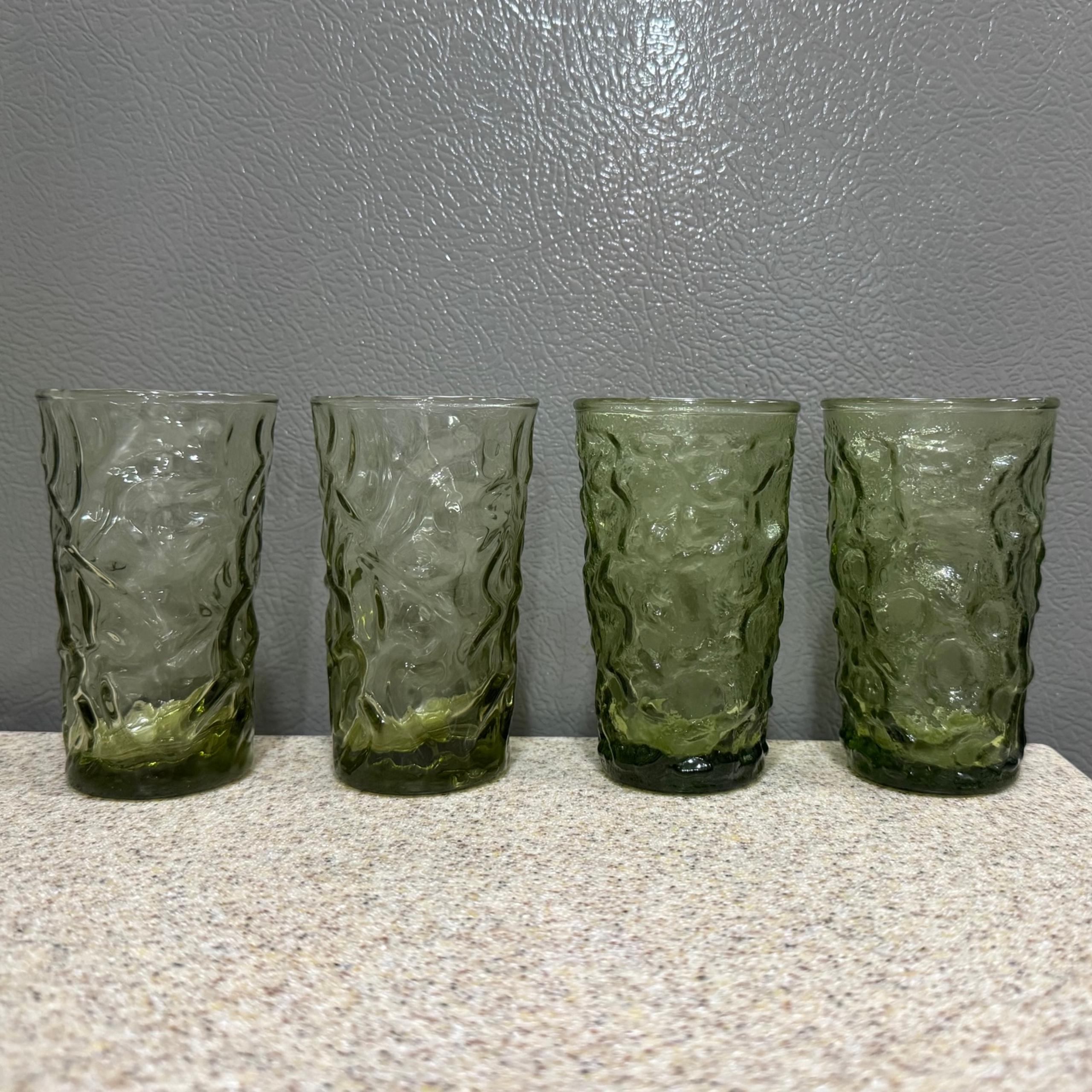 4 Vtg Libbey Aztec Olive Green Juice Glasses 4" Crinkle Texture Retro MCM EUC!