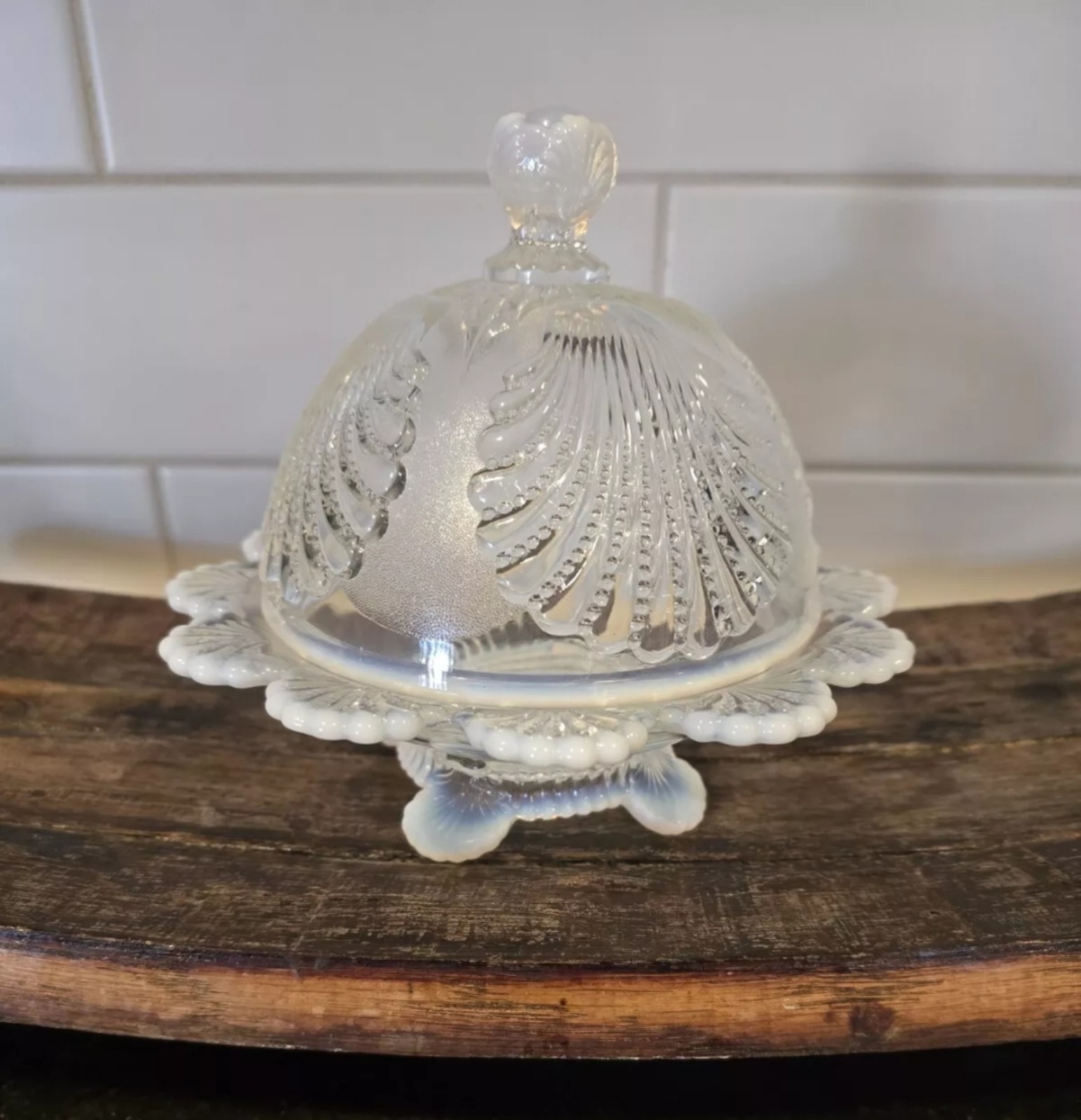 Vintage Dugan Mosser Opalescent beaded edge shell pattern dome butter dish