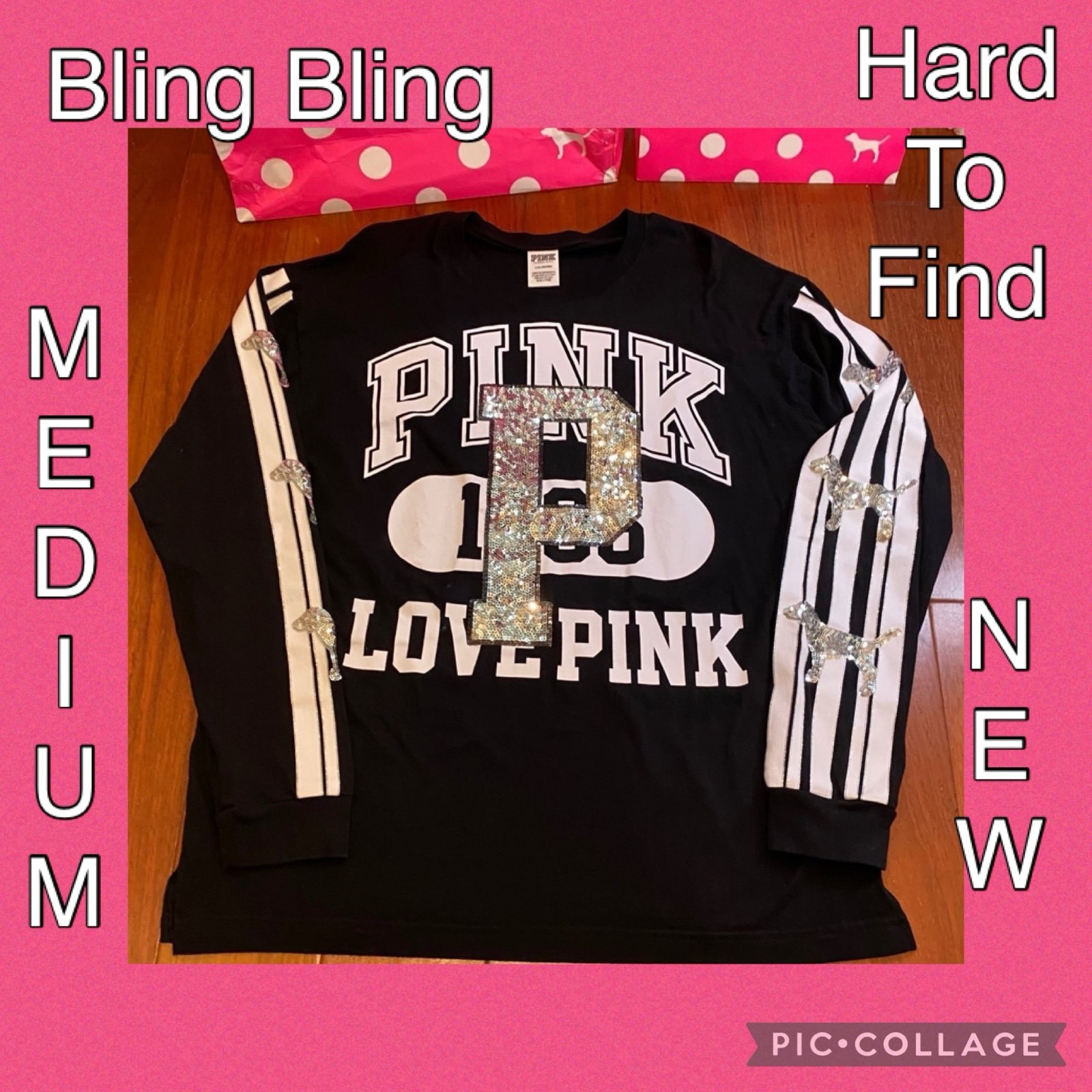 VS PINK BLING Pup Dog Long Sleeve Campus Tee Shirt - HARD TO FIND - MEDIUM - NEW