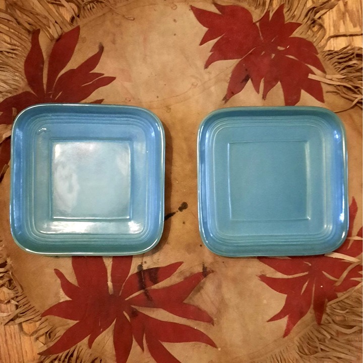 Vintage FS Italian Saltware Stoneware Square Salad Dessert Plates 2 Pc Set Blue