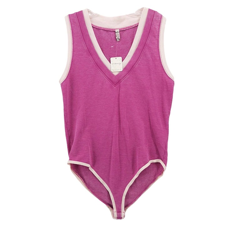 NWT FREE PEOPLE Cozy Cool Girl Tank Bodysuit Dragonfruit Cotton Blend Size SMALL