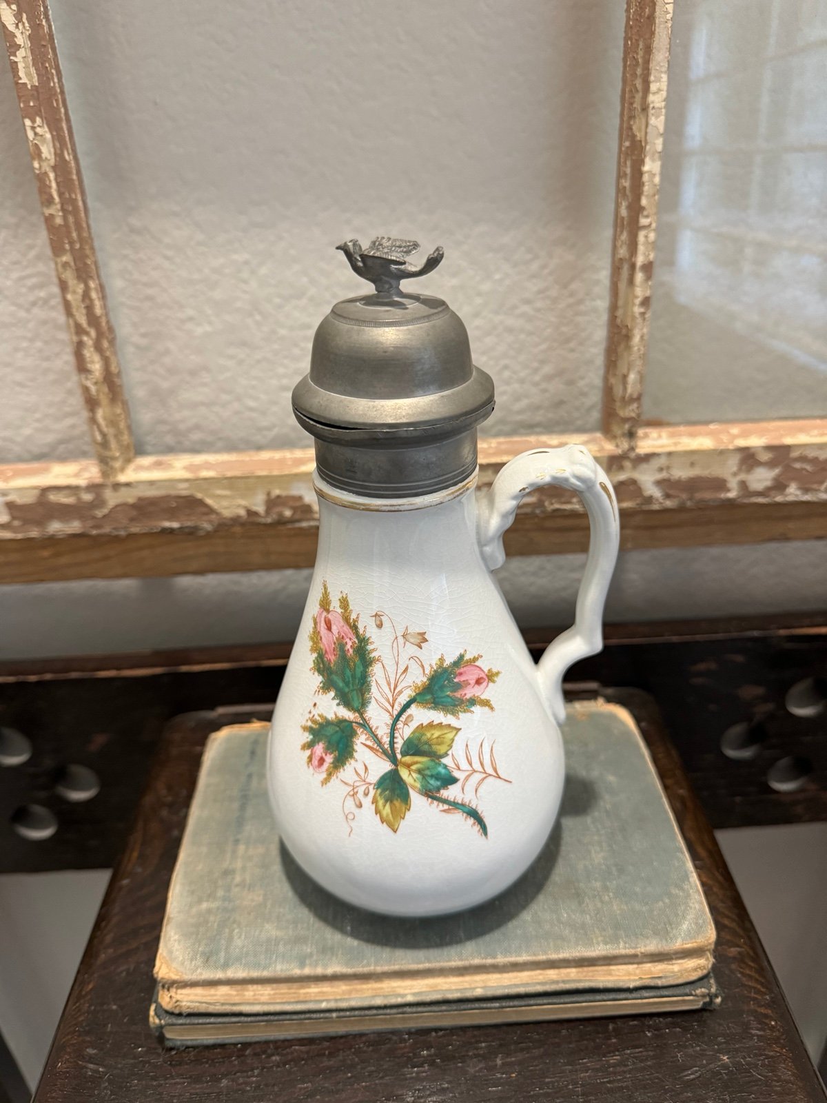 Antique Moss Rose Ironstone Syrup Pitcher W/ Pewter Figural Bird Finial