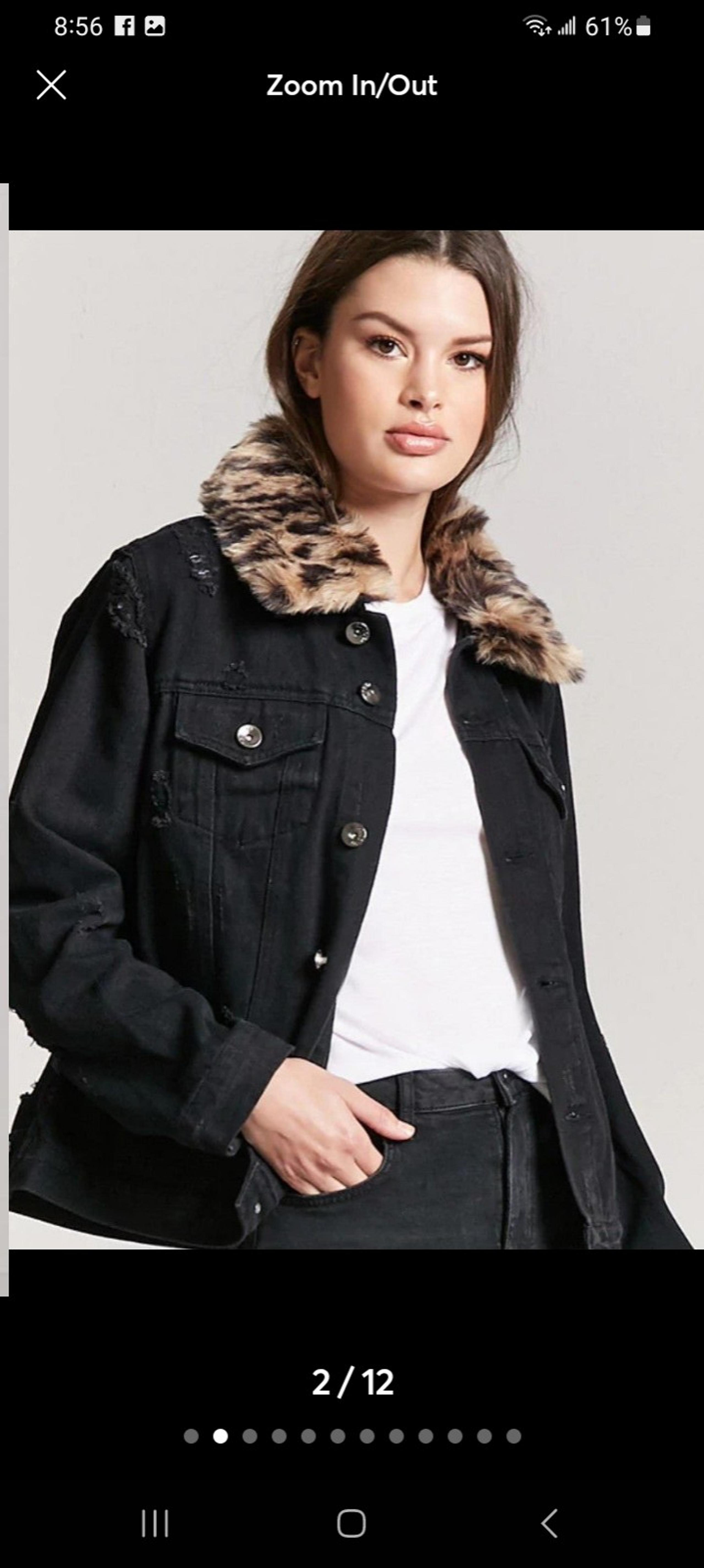 Black Distressed Denim/Jean Faux Fur/Leopard Collar Motorcycle/Trucker Jacket