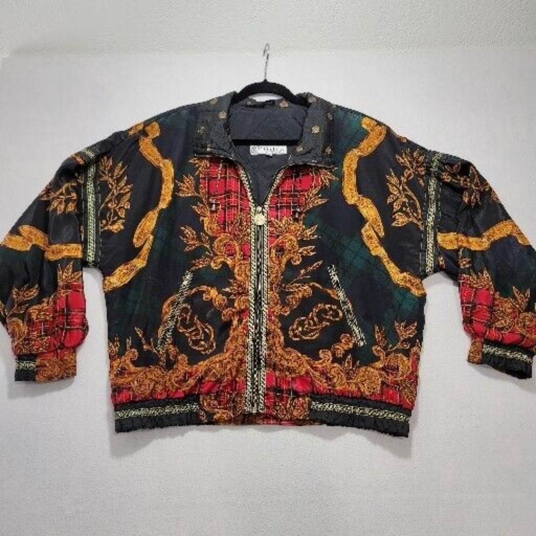 Vintage 90s Women's Gallery Sport Abstract Jacket Size M Gold Plaid Designer