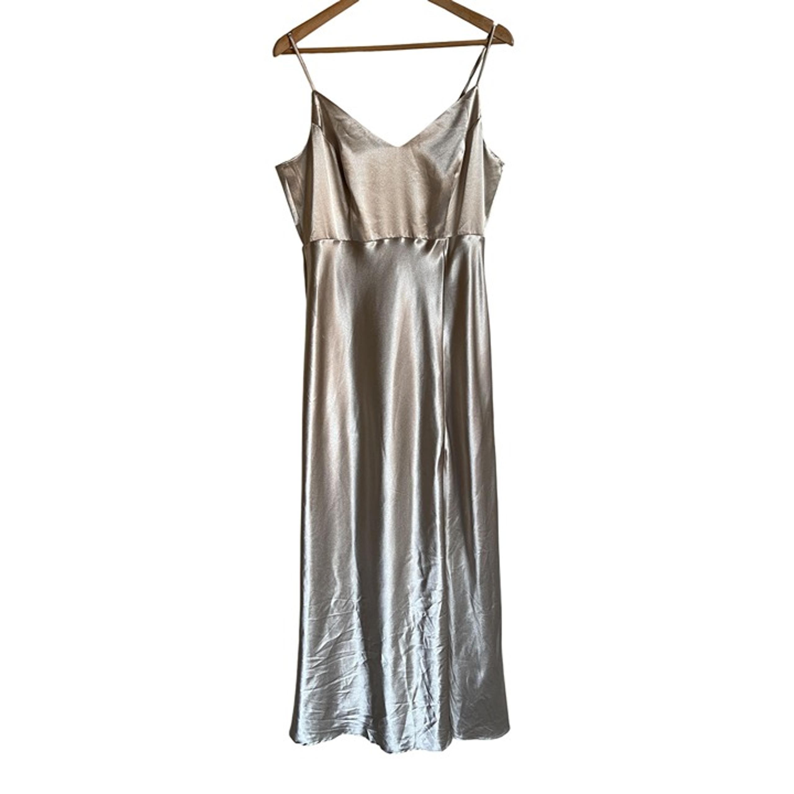 BIRDY GREY XL Champagne Tan Spaghetti Strap Maxi Dress Satin Side Slits Formal W