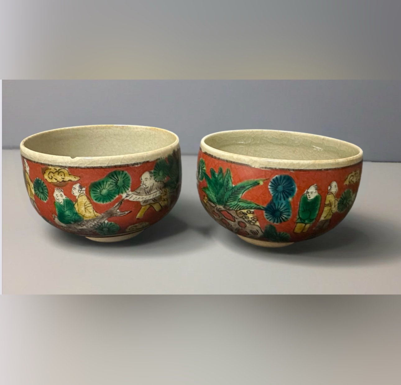 Kutani Ware Sake Cup Guinomi Ochoko Used Vintage Japanese Porcelain Lot Of 2