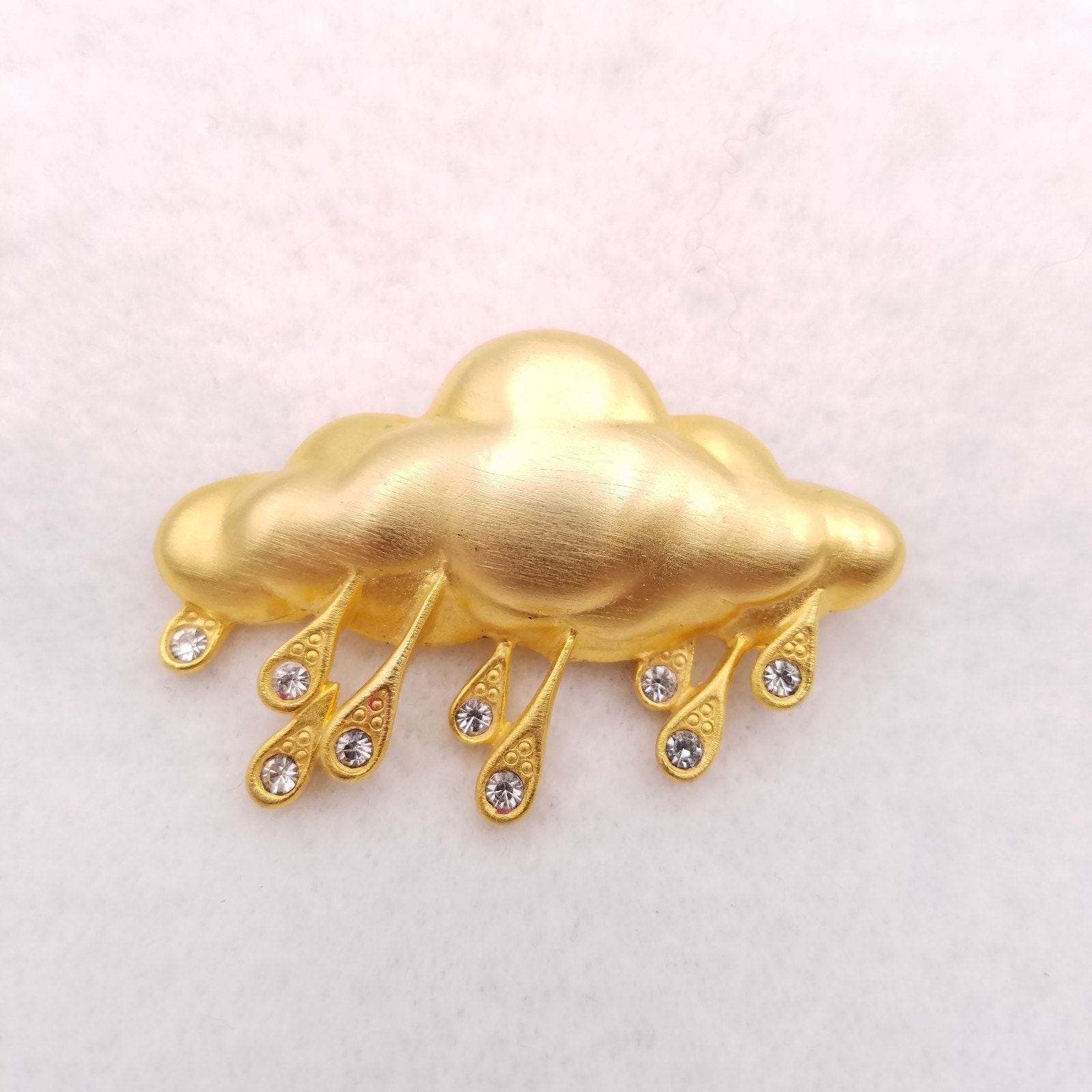 Vintage JJ Jonette Brooch Matte Gold Tone Rain Cloud Clear Rhinestone Raindrops