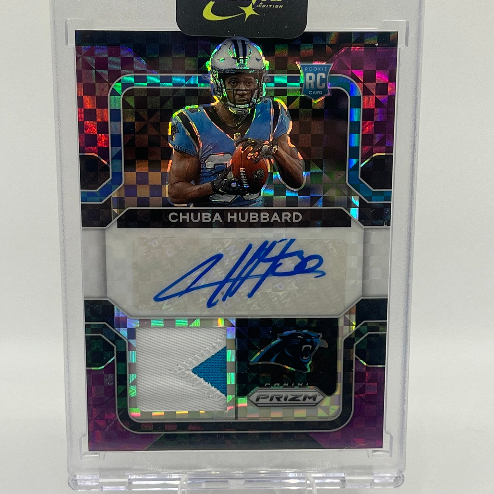 2021 Panini Prizm Chuba Hubbard Purple Power Prizm Rookie Patch Auto #'d /49