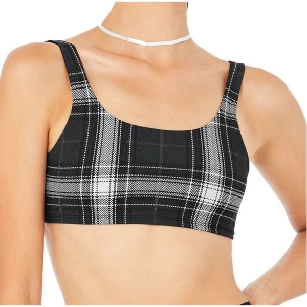 ALO YOGA Vapor Legacy Plaid Sports Bra Black Gray Plaid Size Small
