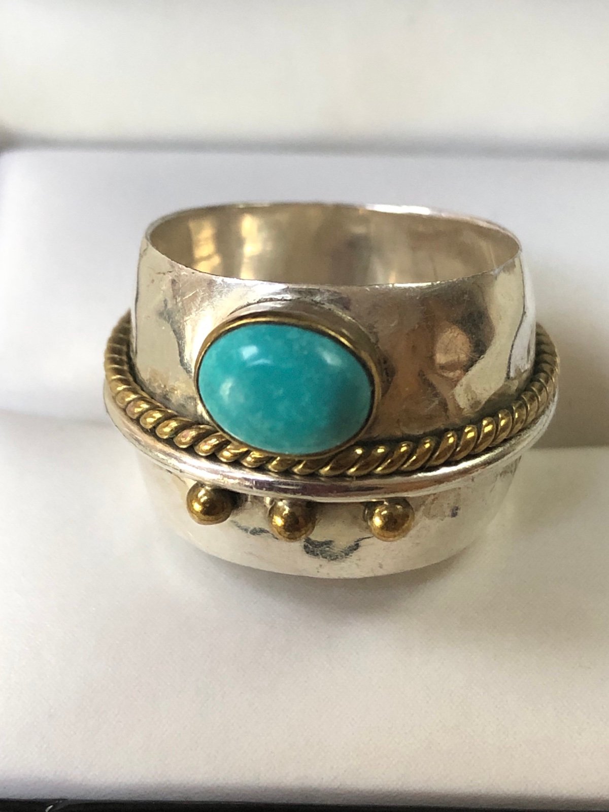 Vintage Turquoise Sterling Silver & Brass Wide Band Ring Size 9